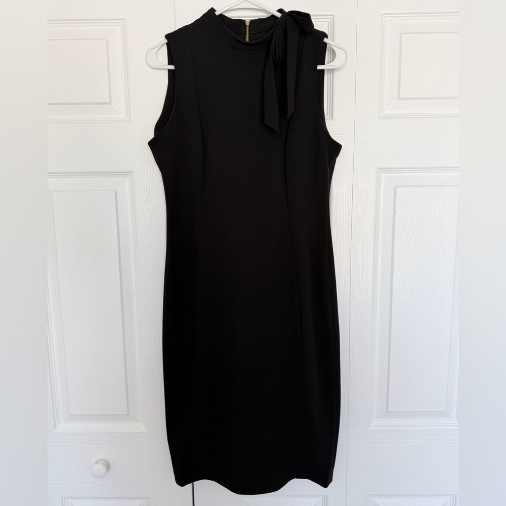 Calvin Klein Black Sheath Dress Size 10 Bow Neck Sleeveless Career Cocktail